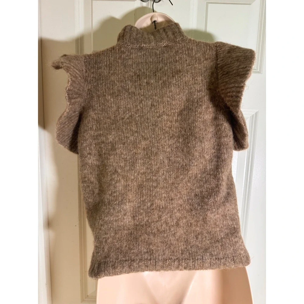 Zara Brown Wool Alpaca Blend Ruffle‎ Sleeve Knit Vest Sweater NEW S